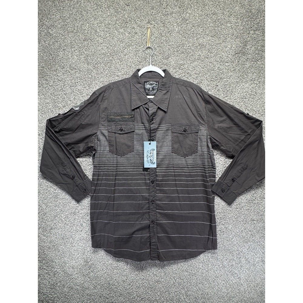 Koman Y2K Men's 2XL Black Striped Shirt Long Sleeve Button‎ Down Pocket Zip NWT